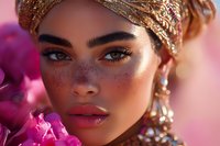 Young Middle Eastern woman with freckles wearing gold headscarf and earrings, surrounded by pink peony flowers in soft natural lighting, close-up beauty portrait.
