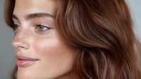 Young woman with natural makeup, freckles and wavy brown hair looking away with gentle smile against gray background, beauty portrait in soft lighting.
