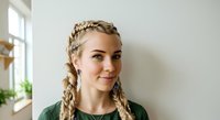 Young woman with blonde braided hair wearing green shirt, smiling at camera in bright indoor setting with window and plant, suitable for lifestyle and portrait use.