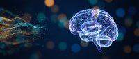 Digital brain with glowing neural networks and data streams on dark background with bokeh lights for artificial intelligence and technology concepts.