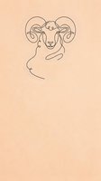 Minimalist line art ram with curved horns and human profile on beige background, isolated clipart for t-shirt design, poster, and wall decor.
