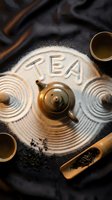 Ceramic teapot and cups arranged on white sand with TEA lettering, zen circles, and loose leaf tea on dark fabric background.