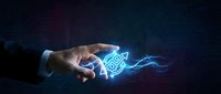 Businessman hand holding glowing neon gear symbol with electric lightning effect on digital circuit background for technology and innovation concepts.