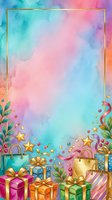 Watercolor gradient background with gold frame border, colorful gift boxes, shopping bags, stars, and decorative foliage. Isolated design element ready for greeting cards, posters, and promotional materials.