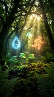 Young seedling growing in forest soil with glowing neon water droplet and running figure symbols, representing sustainable development, eco-friendly lifestyle, and environmental conservation concepts.