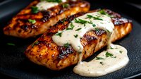 Grilled salmon fillets with creamy white sauce and fresh herbs on black plate, close up view showing moist, flaky texture and caramelized glaze.