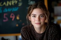Young woman with light brown wavy hair and fair complexion smiling at camera in casual dark sweater indoors near chalkboard, suitable for lifestyle, education, and portrait projects.