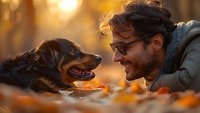 Heartwarming autumn moment of young Caucasian man in glasses bonding with his Rottweiler dog while lying in fallen orange leaves during golden sunset, perfect for pet care or lifestyle content.