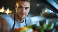 Young Caucasian man with stubble and friendly smile taking selfie in car with groceries, wearing gray t-shirt. Natural lighting and bokeh background creates warm atmosphere.