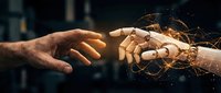 Human hand reaching toward robotic hand with glowing digital network connections representing artificial intelligence and human-machine collaboration in technology.