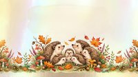 Hedgehogs surrounded by autumn leaves, flowers, and mushrooms in warm fall colors on isolated background, suitable for seasonal designs and children's illustrations.