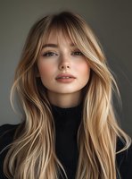 Young Caucasian woman with long blonde wavy hair wearing black turtleneck sweater against neutral background, natural makeup and soft lighting creating professional portrait.