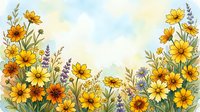 Watercolor wildflower border with yellow daisies and purple lavender on soft pastel background for spring greeting cards and botanical design projects.