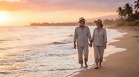 Senior couple walking hand in hand on tropical beach at sunset, romantic vacation getaway with golden sky and palm trees, leisure travel lifestyle.