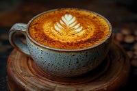 Artisanal cappuccino with leaf latte art in rustic ceramic cup on wooden saucer, warm ambient lighting creates cozy coffee shop atmosphere.