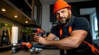 Caucasian male construction worker in orange hard hat holding power drill, wearing protective workwear. Professional contractor at home renovation project.