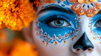 Close up portrait with bright orange marigold flowers and blue sugar skull face paint design featuring intricate patterns and jewels around eye area for Day of Dead celebration.