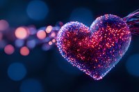 Glowing heart shape with sparkly red and blue particles against dark background with bokeh lights creates magical romantic atmosphere for Valentine designs.