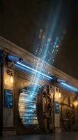 Futuristic steampunk laboratory with holographic data streams and digital projections emanating from vintage industrial equipment in atmospheric lighting.