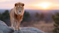 Majestic male lion standing on rocky outcrop against dramatic African sunset sky, orange glow illuminating mane and silhouette of savanna landscape below.