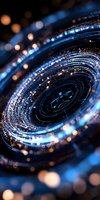 Spiral galaxy abstract with glowing blue light trails and bokeh effects creating futuristic technological vortex pattern against dark background.