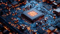 Glowing microprocessor on blue circuit board with orange light effects, modern computer hardware technology closeup macro photography.
