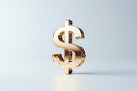 Golden dollar sign symbol standing upright casting soft shadow on white surface, metallic currency icon isolated on light background for financial concepts.