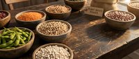 Assorted legumes and beans displayed in wooden bowls on rustic table for healthy cooking and nutrition concepts.