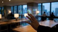 Businessman hand touching futuristic holographic interface with data analytics charts and graphs in modern office environment for digital transformation.
