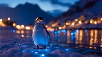 Young penguin chick standing on icy shore with warm bokeh lights reflecting on water during blue hour twilight in polar landscape for wildlife photography.
