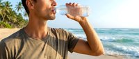 Man drinking water from bottle on beach during summer vacation, staying hydrated outdoors.