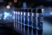 Glass vials with glowing blue liquid and sparkling particles arranged in row on dark surface against blurred bokeh background, scientific laboratory concept.