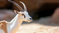 Majestic white addax antelope with curved horns in profile against blurred desert background, showcasing distinctive facial markings and elegant side view portrait.