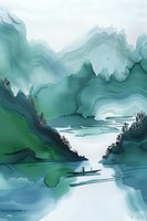 Serene mountain landscape in turquoise and green watercolor style featuring misty peaks, flowing river, and silhouette of person in traditional boat amid pine trees.