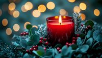 Glowing red candle surrounded by festive evergreen branches, holly berries, and frosted leaves against blurred golden bokeh lights for holiday decor.