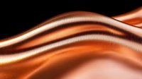 Luxurious smooth copper metallic waves with glossy reflective surface create elegant flowing abstract background pattern on black. Dynamic design element for luxury branding.