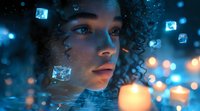 Young mixed race woman with curly hair in mystical blue atmosphere with floating ice cubes and candlelight creating dreamy winter mood. Artistic portrait with bokeh effects.