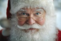 Close up portrait of senior man with white beard and glasses wearing red and white Santa hat, looking at camera with warm smile and bright blue eyes.