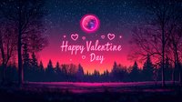 Romantic night landscape with pink full moon, forest silhouettes and Valentine greeting text on starry sky background. Magical purple sunset scenery.