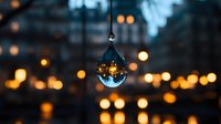 Crystal ball pendant reflects upside-down cityscape with warm bokeh lights creating magical evening atmosphere. Perfect for holiday and winter seasonal designs.
