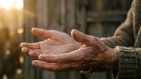Elderly hands cupped together in warm sunlight showing wrinkled skin and life experience. Senior person gesture of receiving or giving outdoors.