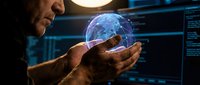 Businessman holding glowing digital globe with network connections in modern tech office environment for innovation and global business concepts.