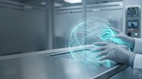 Scientist in sterile laboratory holding glowing digital globe hologram, representing global technology, data networks, and international research innovation in modern facility.