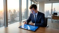 Young male professional in dark business suit and blue tie working on digital tablet at wooden desk in modern high-rise office with city skyline view through floor-to-ceiling windows at sunset.