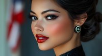Young Asian woman with glamorous evening makeup, red lipstick, dramatic winged eyeliner, and emerald earrings in elegant updo hairstyle against blurred background.