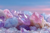 Colorful crystal cluster with amethyst, rose quartz, and clear quartz formations against dreamy pastel pink and purple sky background.