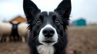 Close up portrait of black and white Border Collie dog with alert expression and distinctive pointed ears against blurred farm background with sheep, showcasing intelligent gaze.