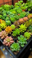 Colorful succulent plants collection in plastic nursery tray showing variety of Echeveria species with green, pink and yellow rosette shapes for garden design.
