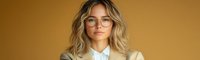 Young blonde businesswoman wearing beige blazer and glasses looking confident against golden background, modern professional corporate portrait.