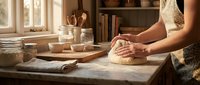 Woman kneading dough on a rustic marble countertop in a warm sunlit kitchen, surrounded by flour jars and wooden utensils.